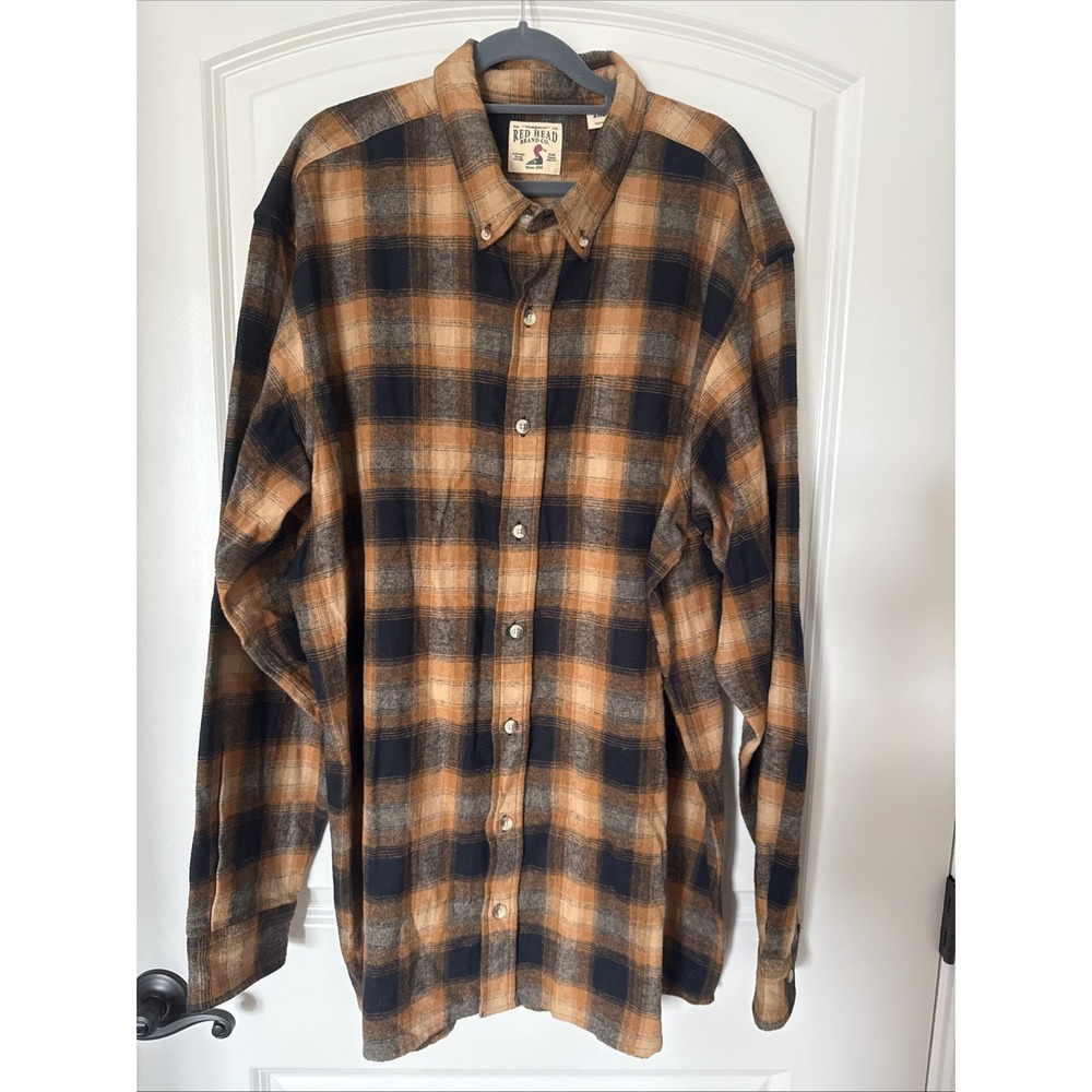 RedHead Brand Co. Men's 2XLT Flannel Shirt Orange/Black Plaid Long Sleeve Tall